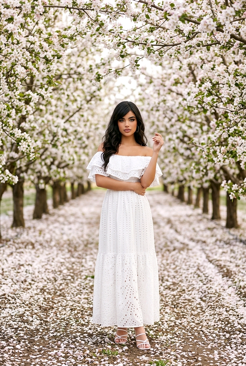 woman wearing white embroidered off shoulder maxi dress cherry blossoms spring fashion look