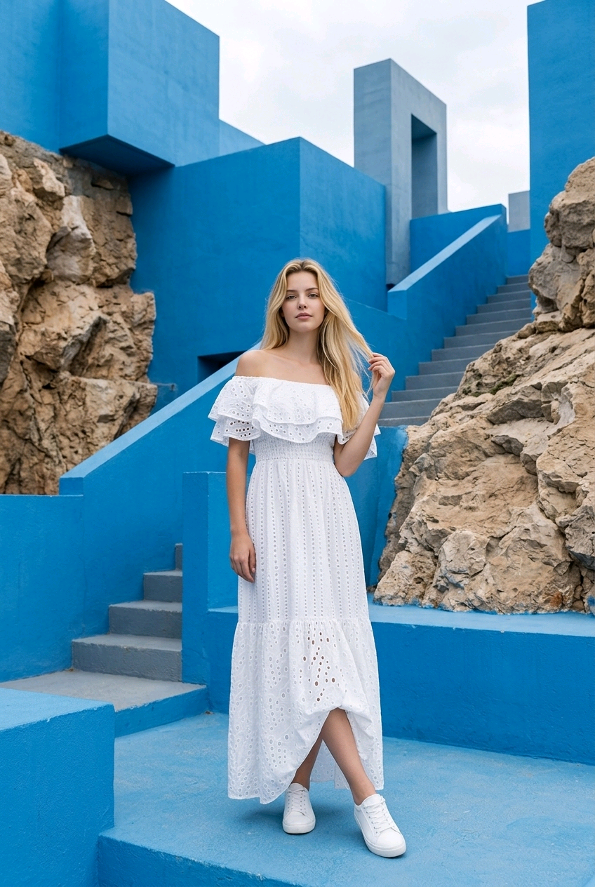 woman wearing white embroidered off shoulder maxi dress coastal spring fashion look