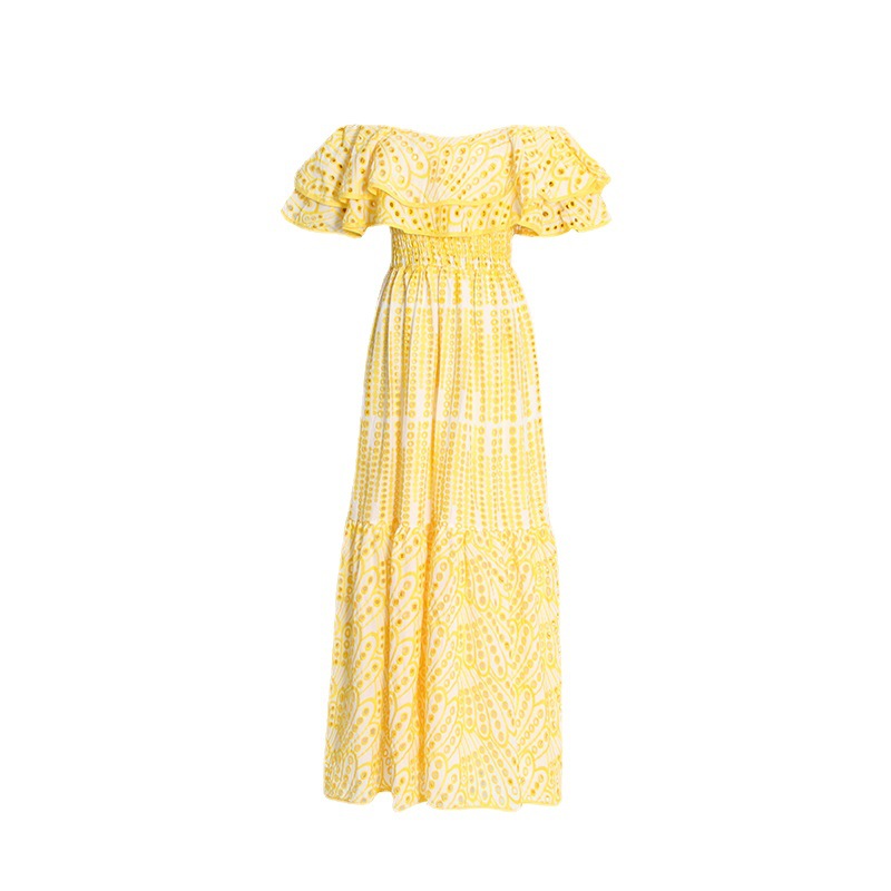 yellow embroidered floral off shoulder maxi dress summer vacation outfit