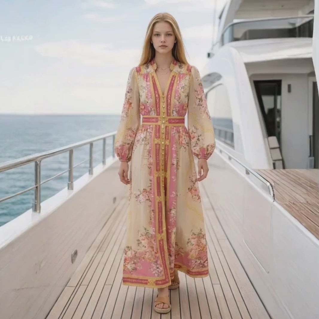 vacation midi dress women breathable pink  print yacht party