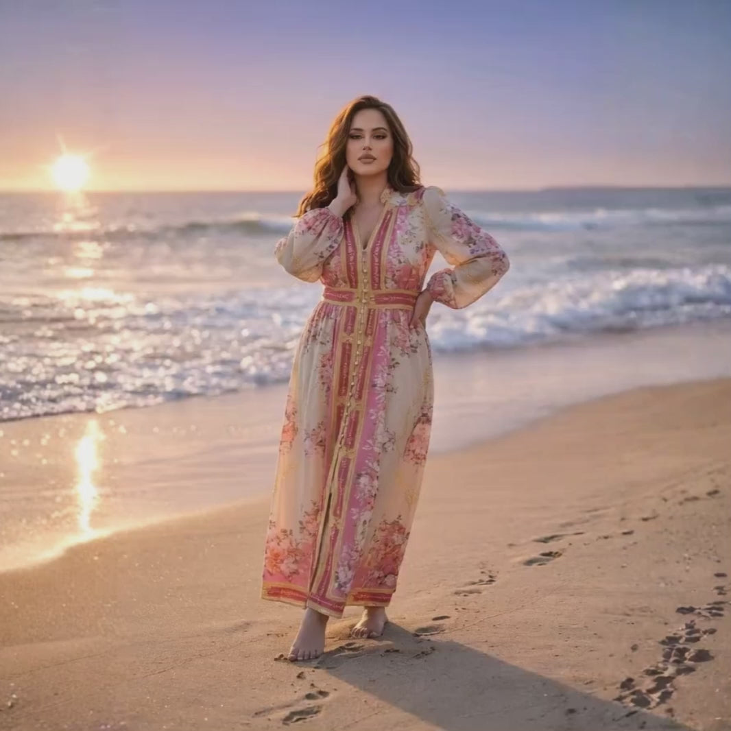 vacation midi dress women breathable pink video print