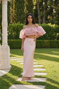 Load and play video in Gallery viewer, Lumière Rosé Sculpted Two-Piece Outfit– Elegant Off-Shoulder Ruffle Crop Top & Maxi Skirt Set for Women
