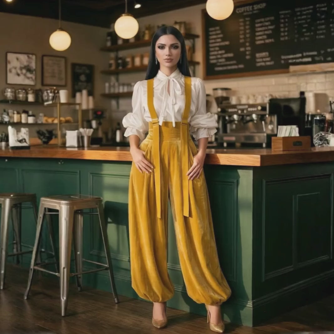 chic yellow wide leg Harem jumpsuit women vacation fashion look