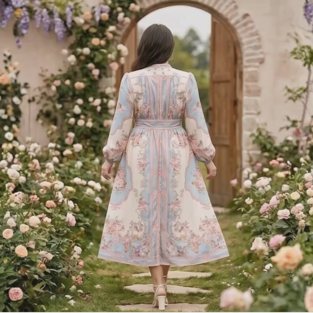 cotton candy floral midi dress with balloon sleeves priest collar back video