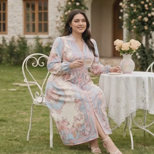 cotton candy floral midi dress with balloon sleeves priest collar tea party 