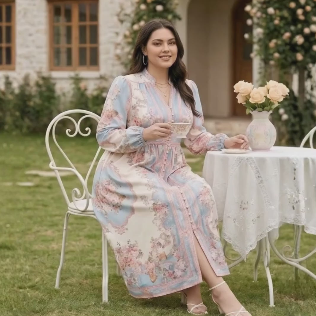 cotton candy floral midi dress with balloon sleeves priest collar tea party 