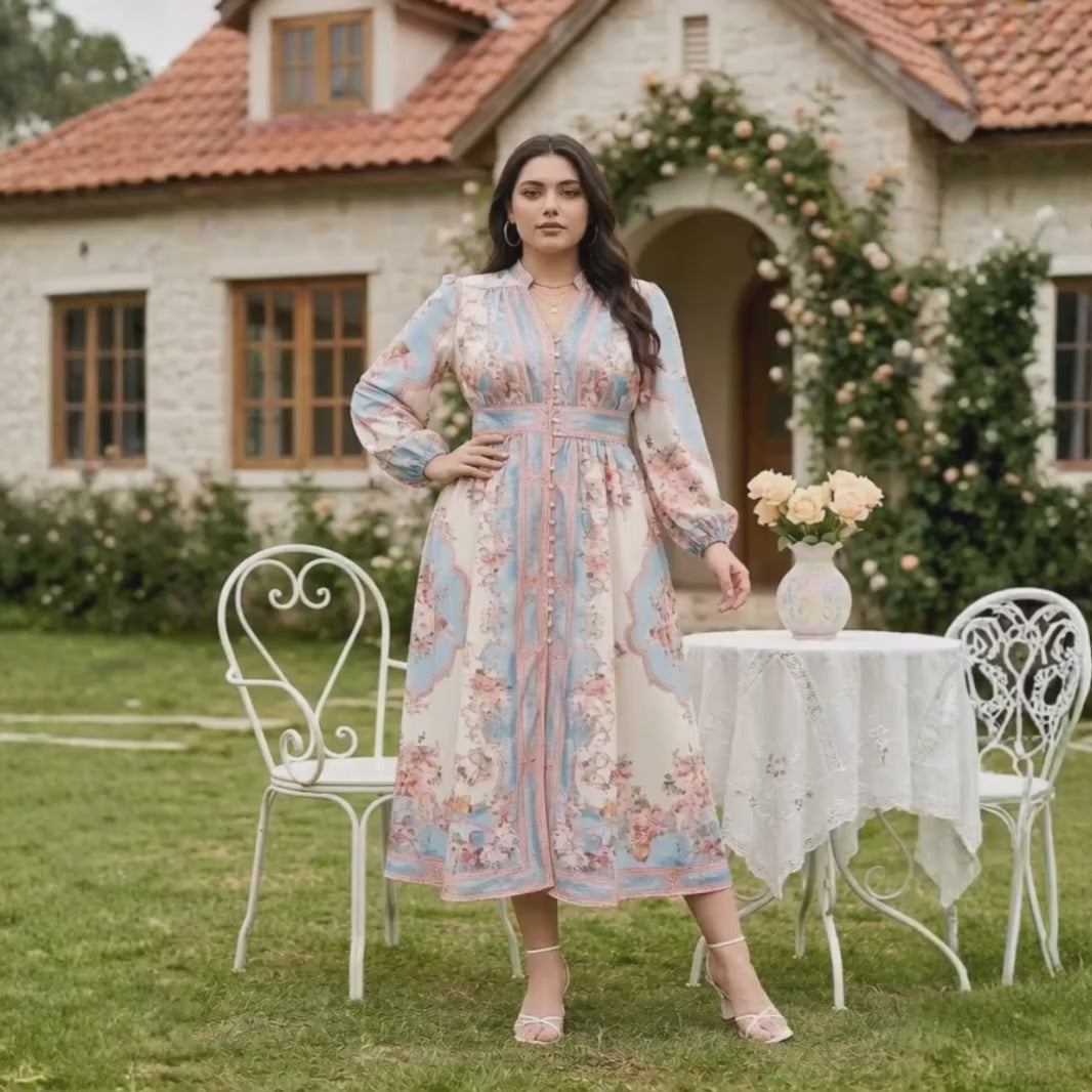 cotton candy floral midi dress with balloon sleeves priest collar garden party