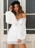 Load image into Gallery viewer, Blanca White Sweetheart Lace Off-The-Shoulder Mini Dress with Bell Sleeves
