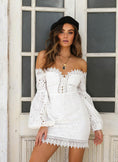 Load image into Gallery viewer, Blanca White Sweetheart Lace Off-The-Shoulder Mini Dress with Bell Sleeves
