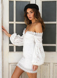 Load image into Gallery viewer, Blanca White Sweetheart Lace Off-The-Shoulder Mini Dress with Bell Sleeves
